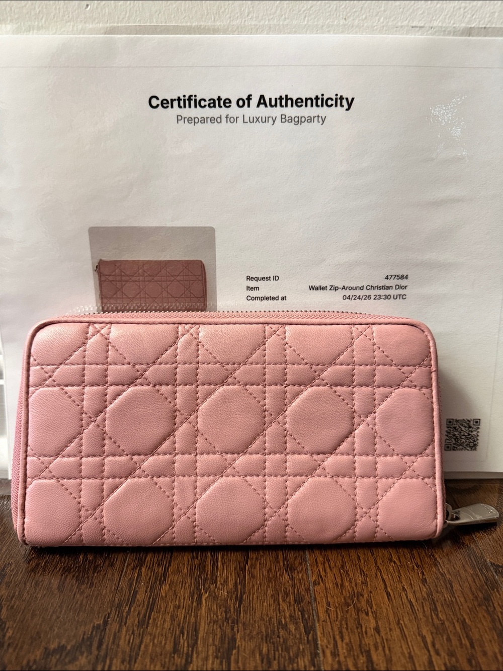 Dior Pink Quilted Zip Wallet with Cannage Stitching